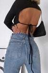 Black Ribbed High Neck Tie Back Crop Top