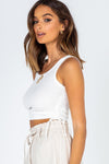 White Ribbed Ruched Sleeveless Crop Top