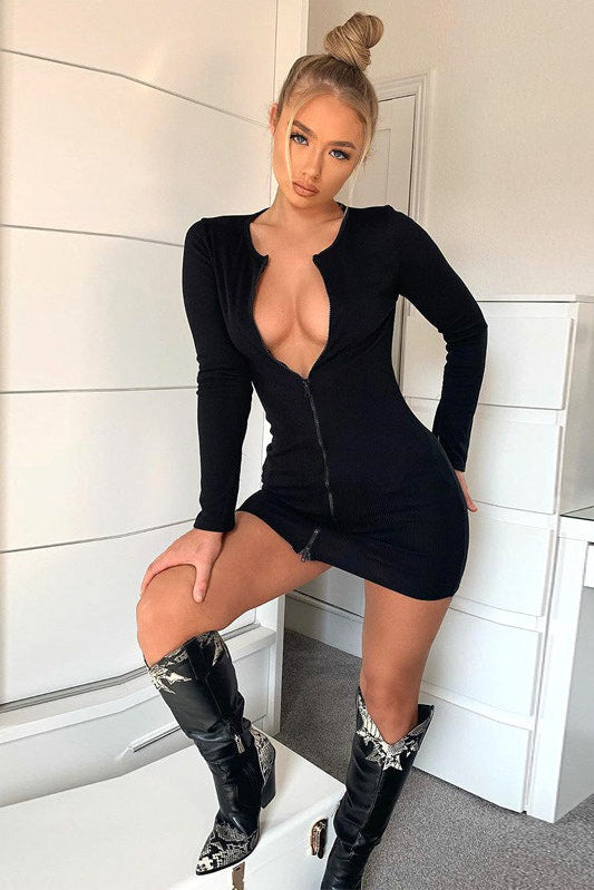 White Ribbed Double Zip Mini Dress