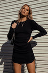 Black Ribbed Ruched Long Sleeve Mini Dress