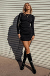 Black Ribbed Ruched Long Sleeve Mini Dress