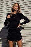 Black Ribbed Ruched Long Sleeve Mini Dress