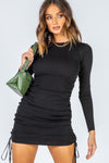 Black Ribbed Ruched Long Sleeve Mini Dress