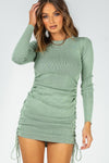 Sage Ribbed Ruched Long Sleeve Mini Dress
