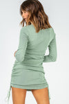 Sage Ribbed Ruched Long Sleeve Mini Dress