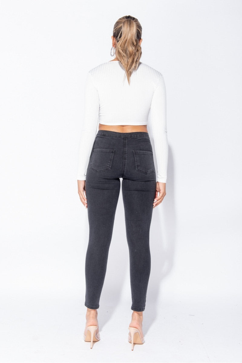 Washed Black Knee Ripped High Waisted Jeans