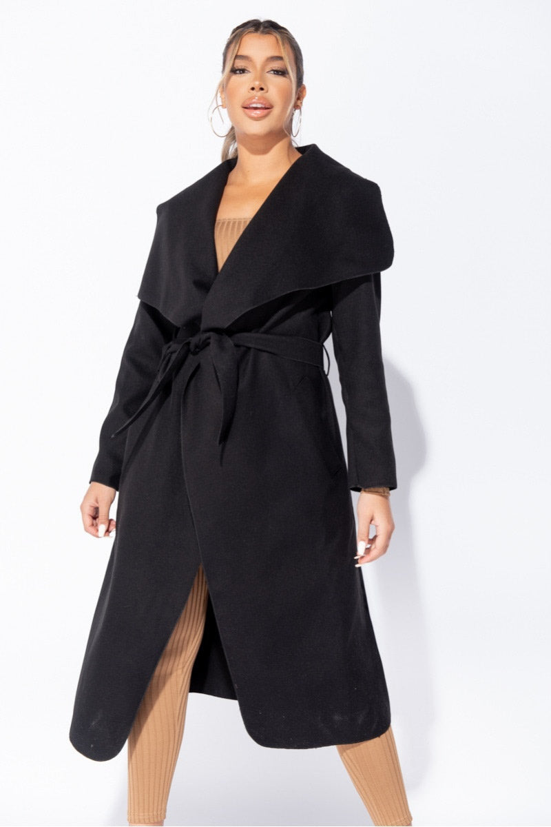Black Oversized Belted Waterfall Coat