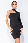 Black Ribbed One Shoulder Choker Mini Dress