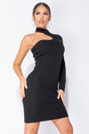 Black Ribbed One Shoulder Choker Mini Dress