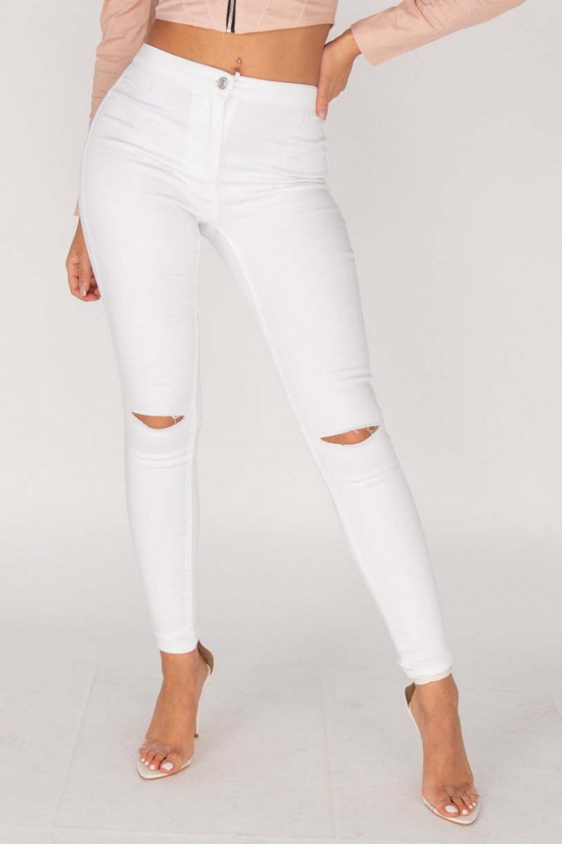 White Knee Slash High Waisted Jeans
