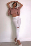 White Knee Slash High Waisted Jeans