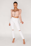 White Knee Slash High Waisted Jeans