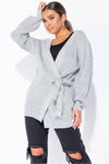 Light Grey Knitted Tie Front Mid Length Cardigan
