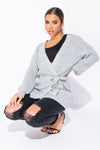 Light Grey Knitted Tie Front Mid Length Cardigan