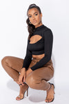 Black Ribbed Cut Out Front High Neck Crop Top