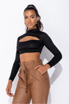 Black Ribbed Cut Out Front High Neck Crop Top