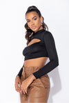 Black Ribbed Cut Out Front High Neck Crop Top