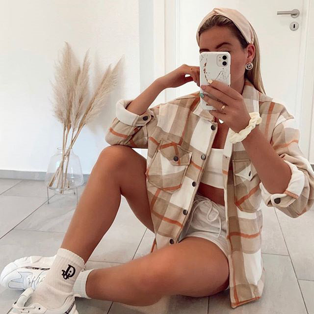 Beige Check Oversized Shacket