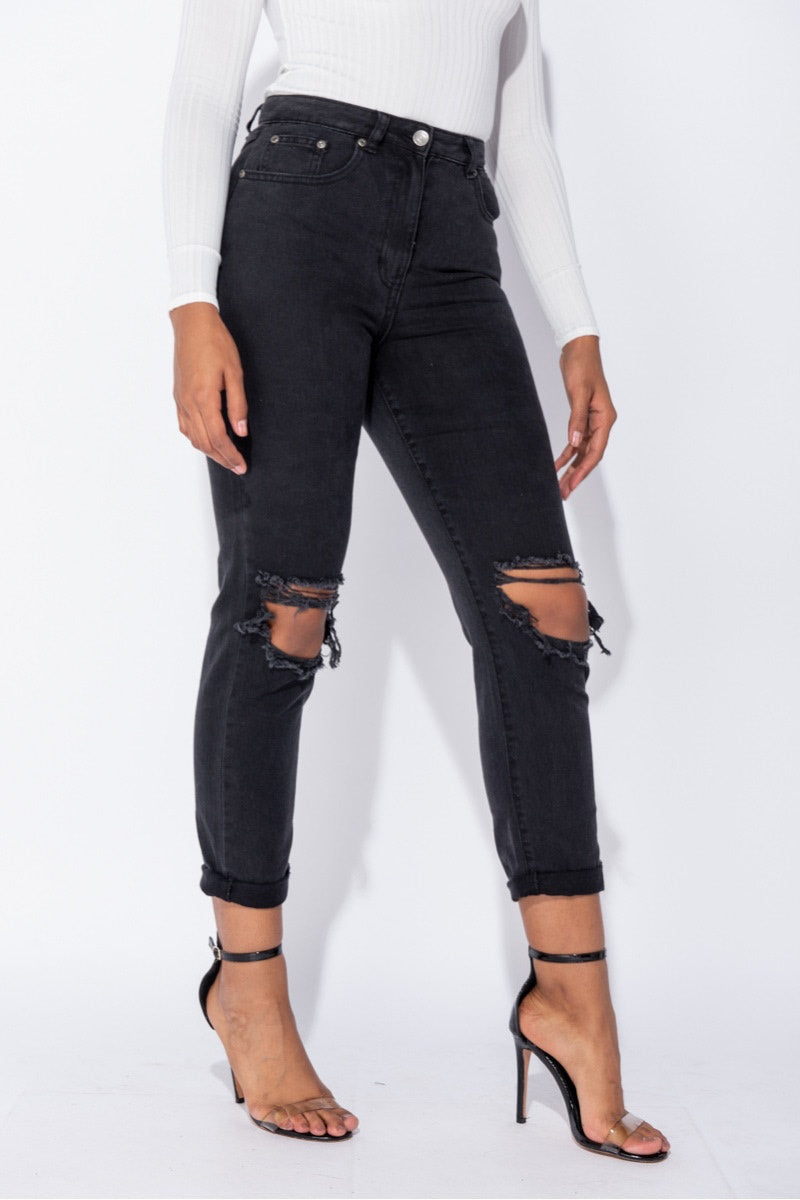 Washed Black Distressed Turn Up Boyfriend Jeans