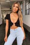 Black Plunge Neck Frill Hem Crop Top