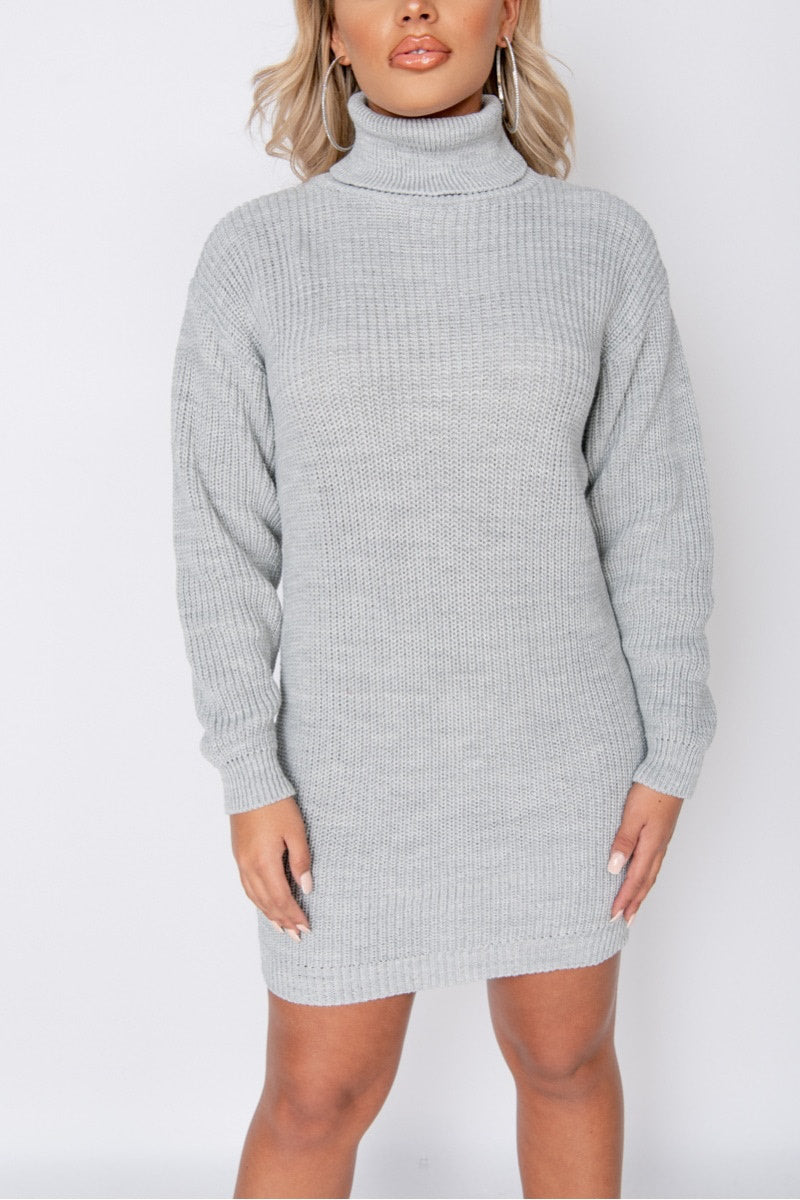 Light Grey Knitted Roll Neck Jumper Dress