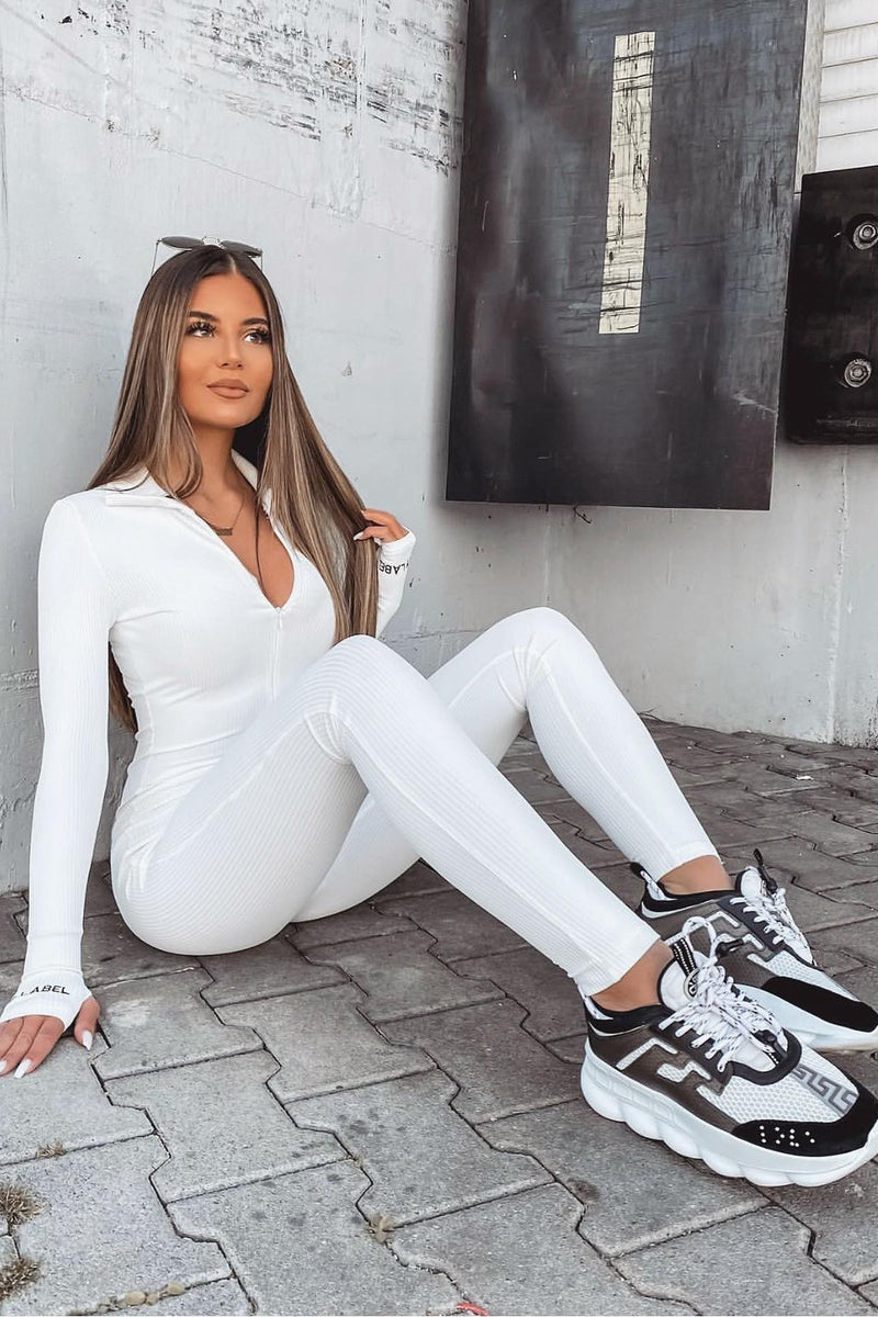White Ribbed High Neck Zip Front Jumpsuit