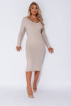 Beige V Neck Knitted Midi Dress
