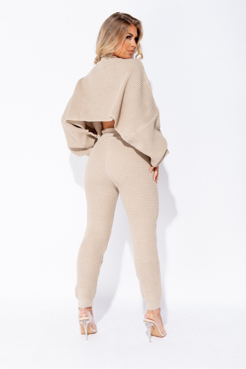Beige Waffle Knitted Lounge Set