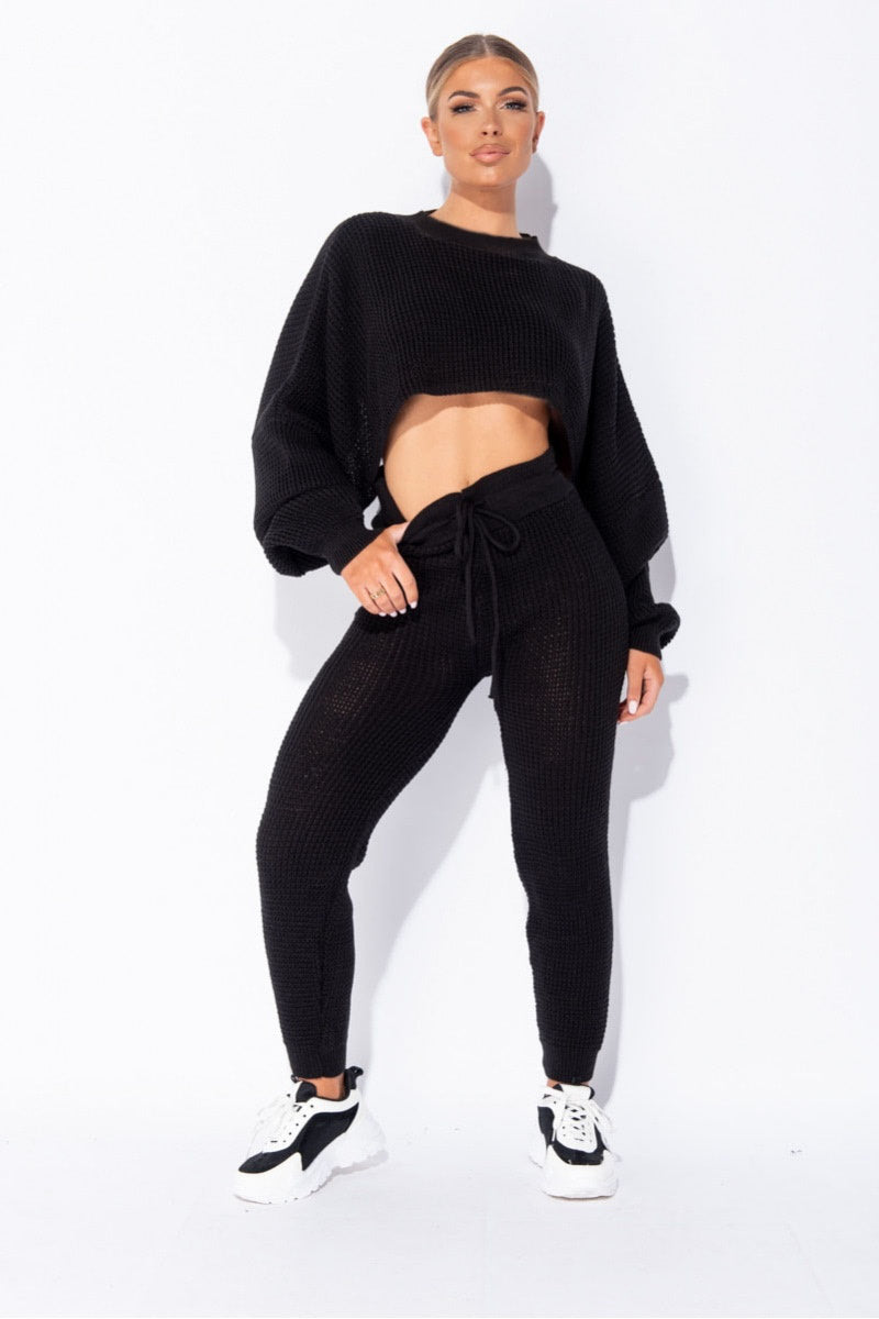 Black Waffle Knitted Lounge Set