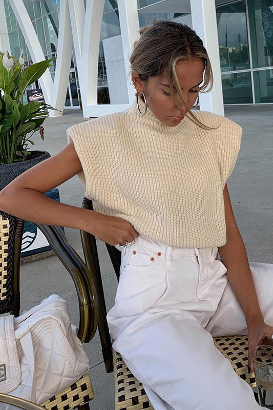 Beige Knitted High Neck Sleeveless Top