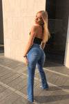 Dark Blue Wash Flared Hem Skinny Jeans