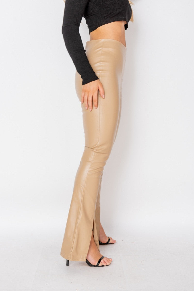 Mocha Faux Leather Split Front Trousers