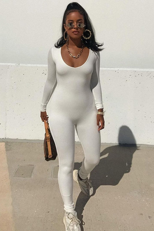 White Seamless Plunge Long Sleeve Jumpsuit