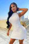 White Ribbed Backless Halterneck Mini Dress