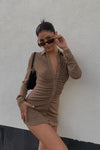 Latte Ruched Slinky Button Down Shirt Dress