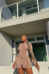 Latte Ruched Slinky Button Down Shirt Dress
