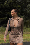 Latte Ruched Slinky Button Down Shirt Dress