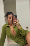 Olive Ruched Slinky Button Down Shirt Dress