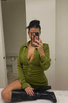 Olive Ruched Slinky Button Down Shirt Dress