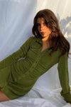 Olive Ruched Slinky Button Down Shirt Dress