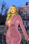 Purple Ruched Slinky Button Down Shirt Dress