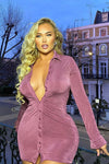Purple Ruched Slinky Button Down Shirt Dress