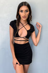 Black Ribbed Criss Cross Tie Up Crop Top