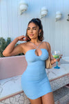 Pastel Blue Cross Strap Ruched Mini Dress