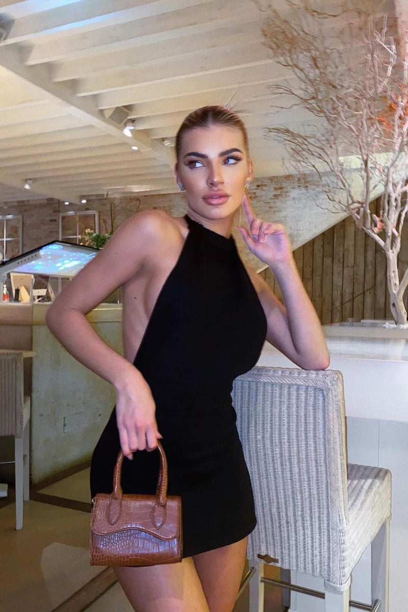 Black Knit Halterneck Backless Mini Dress