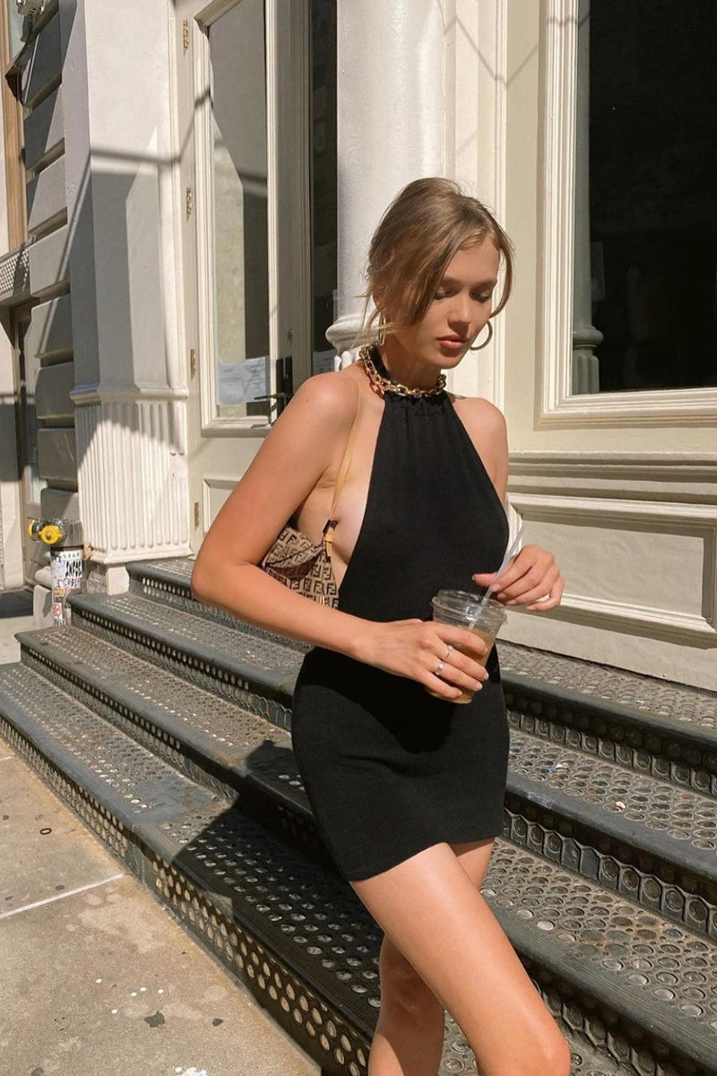 Black Knit Halterneck Backless Mini Dress