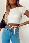 White Ribbed Tie Waist Crop Top