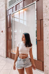 White Ribbed Tie Waist Crop Top