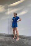 Blue Ruched Slinky Short Sleeve Button Down Dress