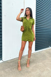 Olive Ruched Slinky Short Sleeve Button Down Dress